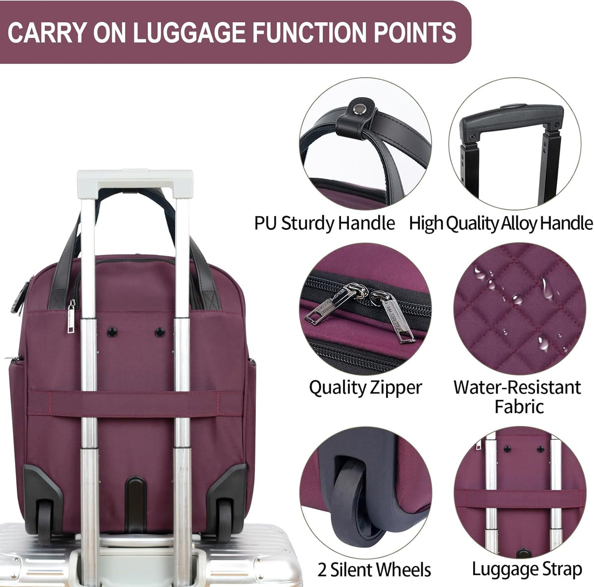 Underseat Carry On Wheeled - 16" Carry on Bag with Wheels Multi-functional Lightweight Rolling Bag Overnight Weekender Small Suitcase for Women Men Travel Business, Dusty Pink