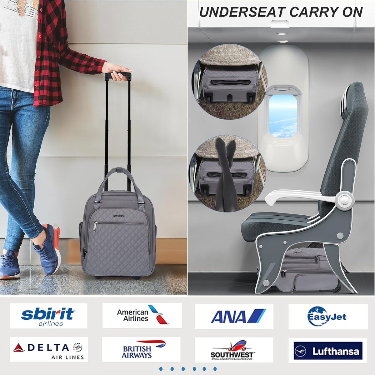 Underseat Carry On Wheeled - 16" Carry on Bag with Wheels Multi-functional Lightweight Rolling Bag Overnight Weekender Small Suitcase for Women Men Travel Business, Dusty Pink
