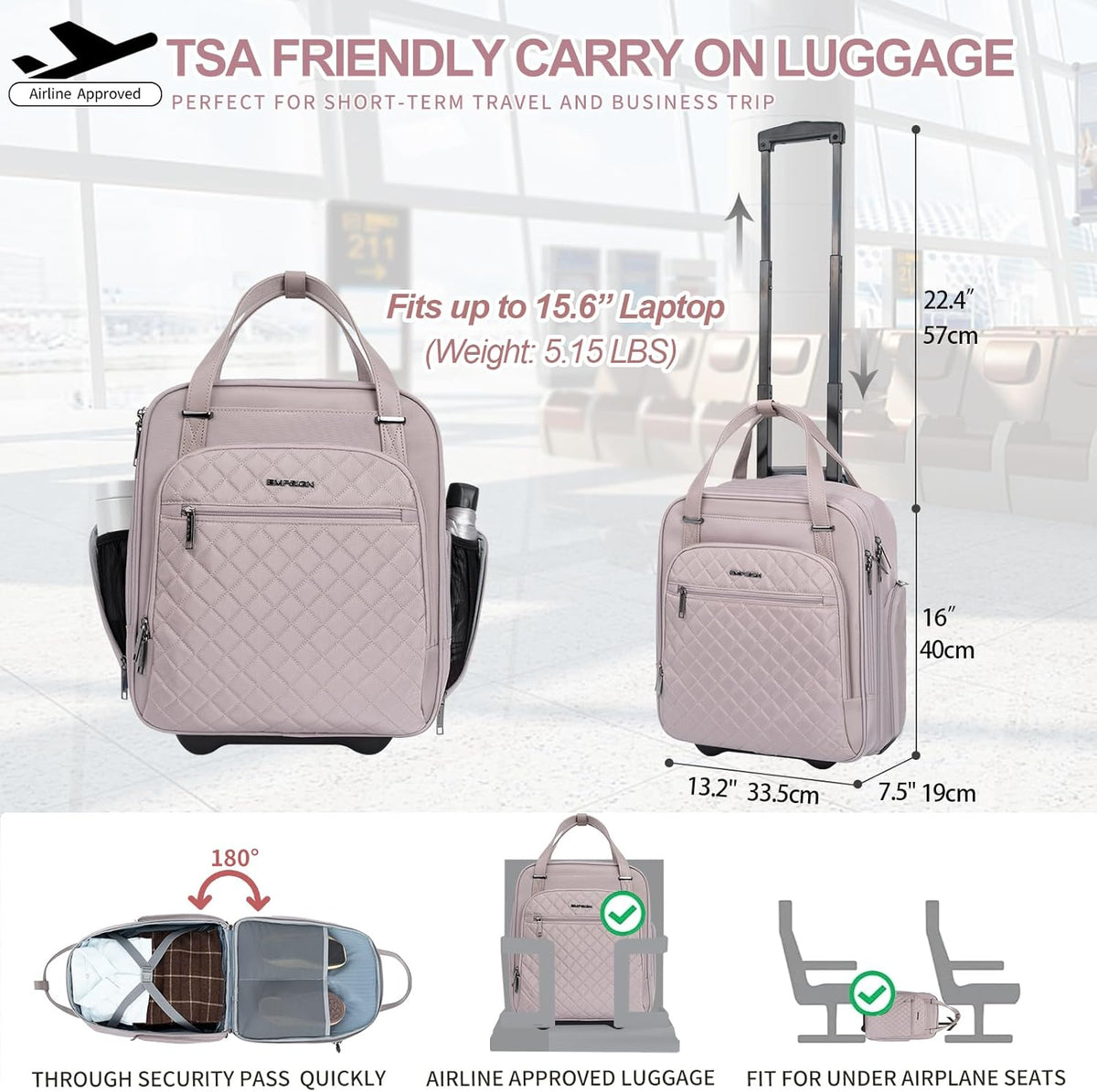 Underseat Carry On Wheeled - 16" Carry on Bag with Wheels Multi-functional Lightweight Rolling Bag Overnight Weekender Small Suitcase for Women Men Travel Business, Dusty Pink