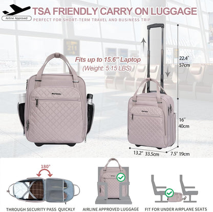 Underseat Carry On Wheeled - 16" Carry on Bag with Wheels Multi-functional Lightweight Rolling Bag Overnight Weekender Small Suitcase for Women Men Travel Business, Dusty Pink