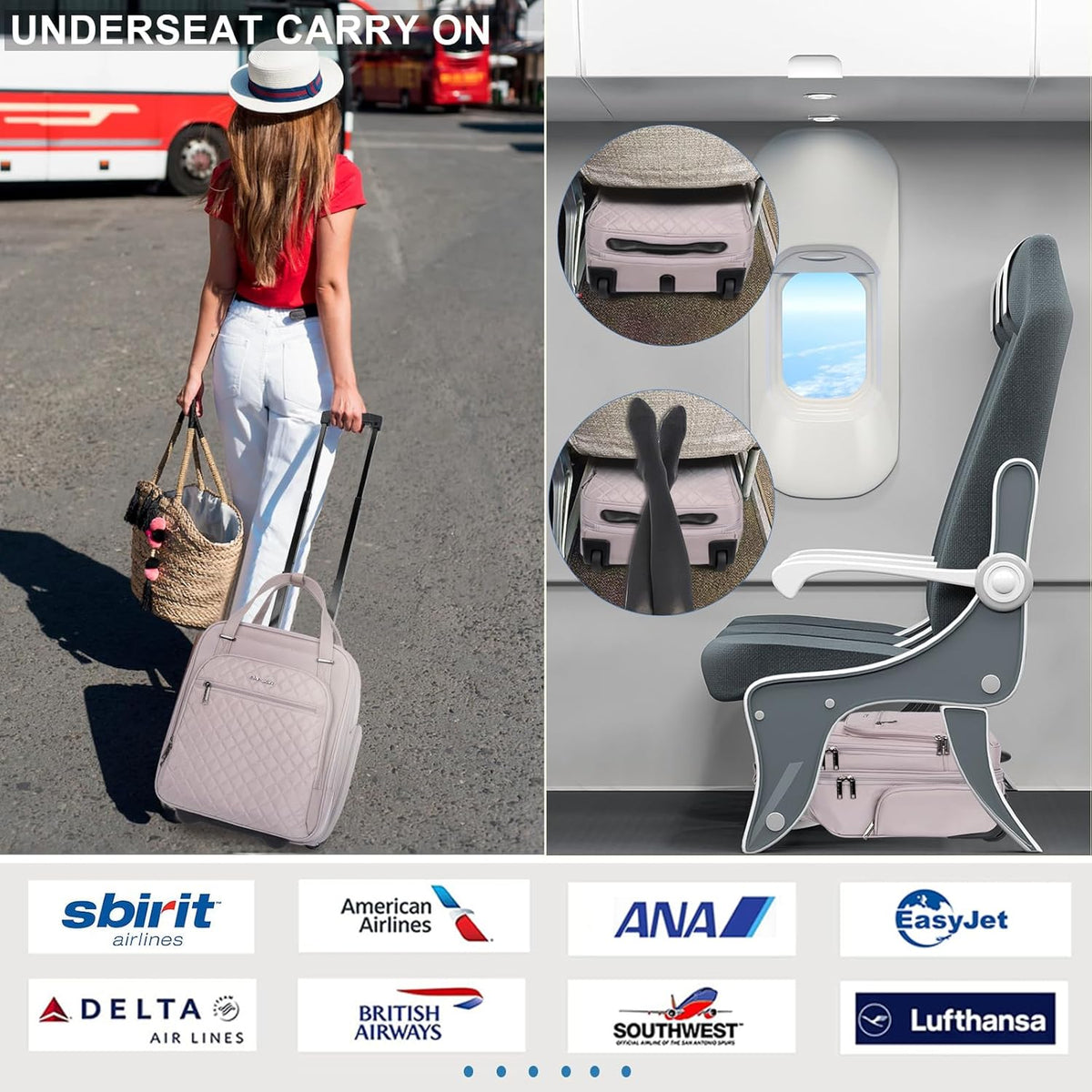 Underseat Carry On Wheeled - 16" Carry on Bag with Wheels Multi-functional Lightweight Rolling Bag Overnight Weekender Small Suitcase for Women Men Travel Business, Dusty Pink