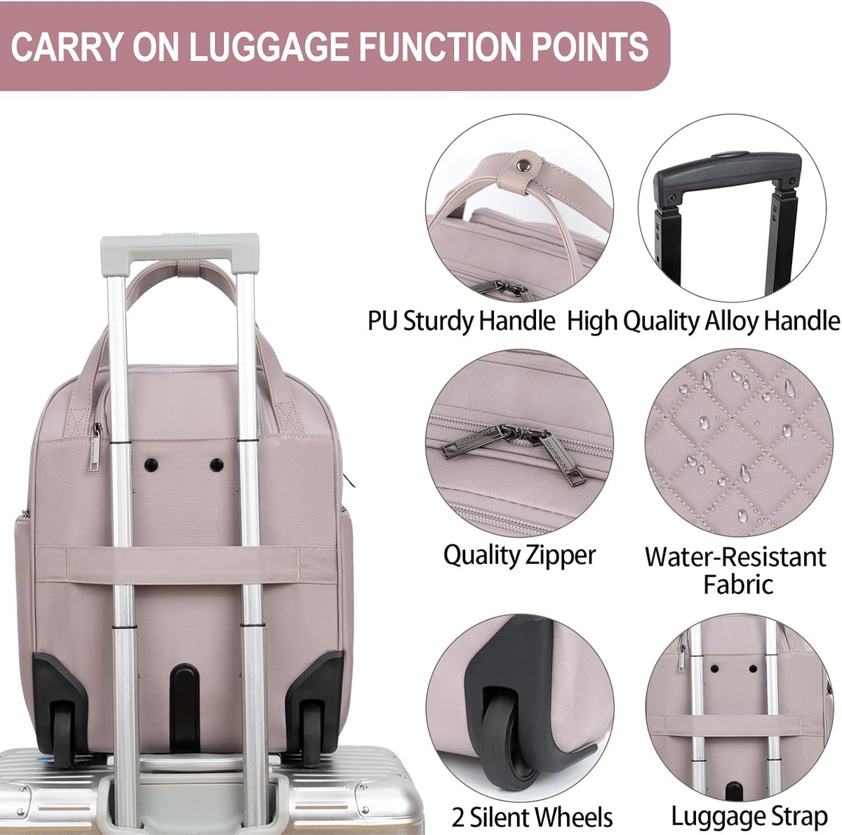 Underseat Carry On Wheeled - 16" Carry on Bag with Wheels Multi-functional Lightweight Rolling Bag Overnight Weekender Small Suitcase for Women Men Travel Business, Dusty Pink