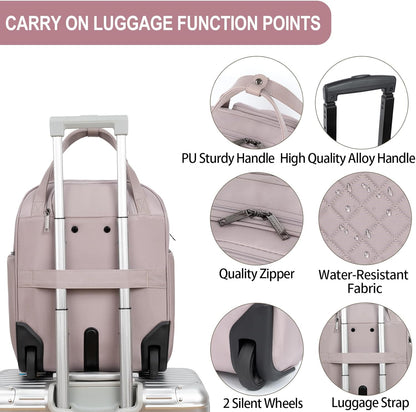 Underseat Carry On Wheeled - 16" Carry on Bag with Wheels Multi-functional Lightweight Rolling Bag Overnight Weekender Small Suitcase for Women Men Travel Business, Dusty Pink