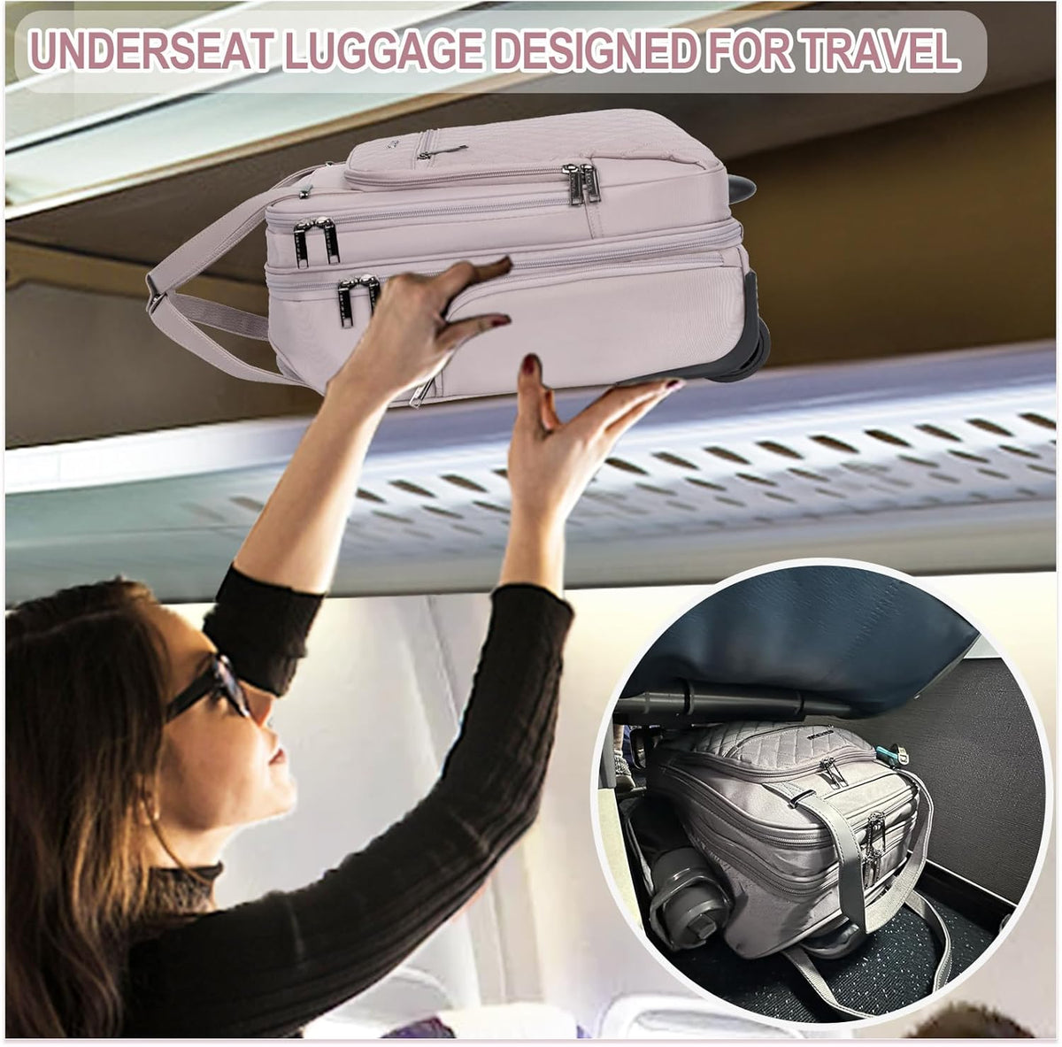 Underseat Carry On Wheeled - 16" Carry on Bag with Wheels Multi-functional Lightweight Rolling Bag Overnight Weekender Small Suitcase for Women Men Travel Business, Dusty Pink