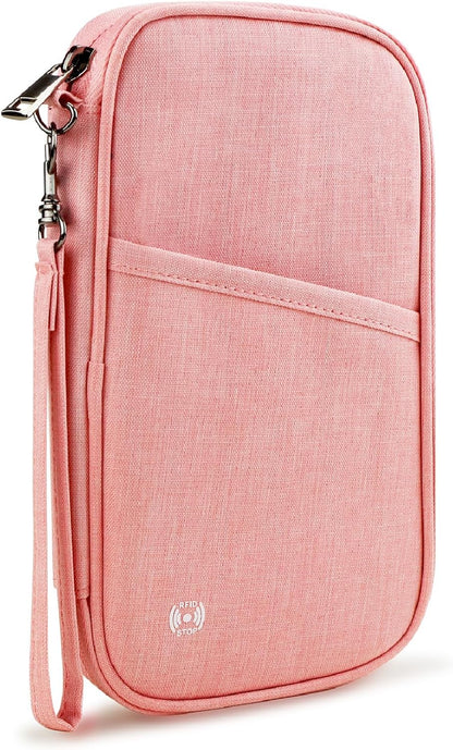Passport Holder Family, Travel Document Organizer with RFID, Portable Passport Cover Case with Zipper for Cards, Boarding Pass, ID, Money, Tickets (Pink)