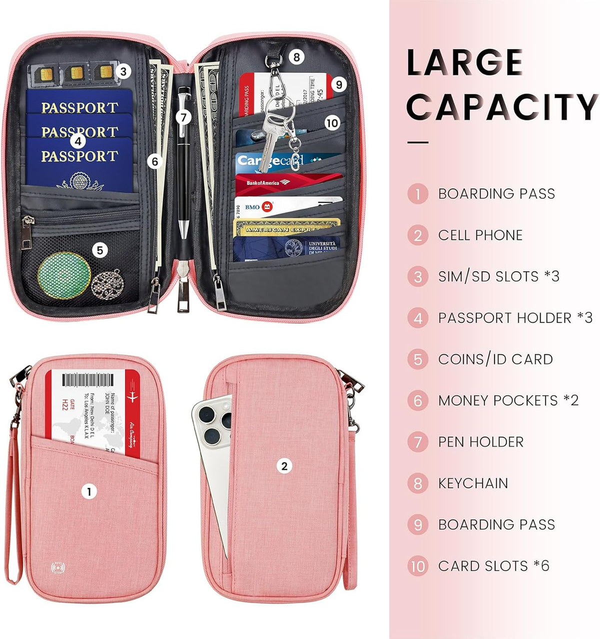 Passport Holder Family, Travel Document Organizer with RFID, Portable Passport Cover Case with Zipper for Cards, Boarding Pass, ID, Money, Tickets (Pink)