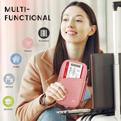 Passport Holder Family, Travel Document Organizer with RFID, Portable Passport Cover Case with Zipper for Cards, Boarding Pass, ID, Money, Tickets (Pink)