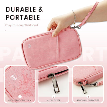 Passport Holder Family, Travel Document Organizer with RFID, Portable Passport Cover Case with Zipper for Cards, Boarding Pass, ID, Money, Tickets (Pink)