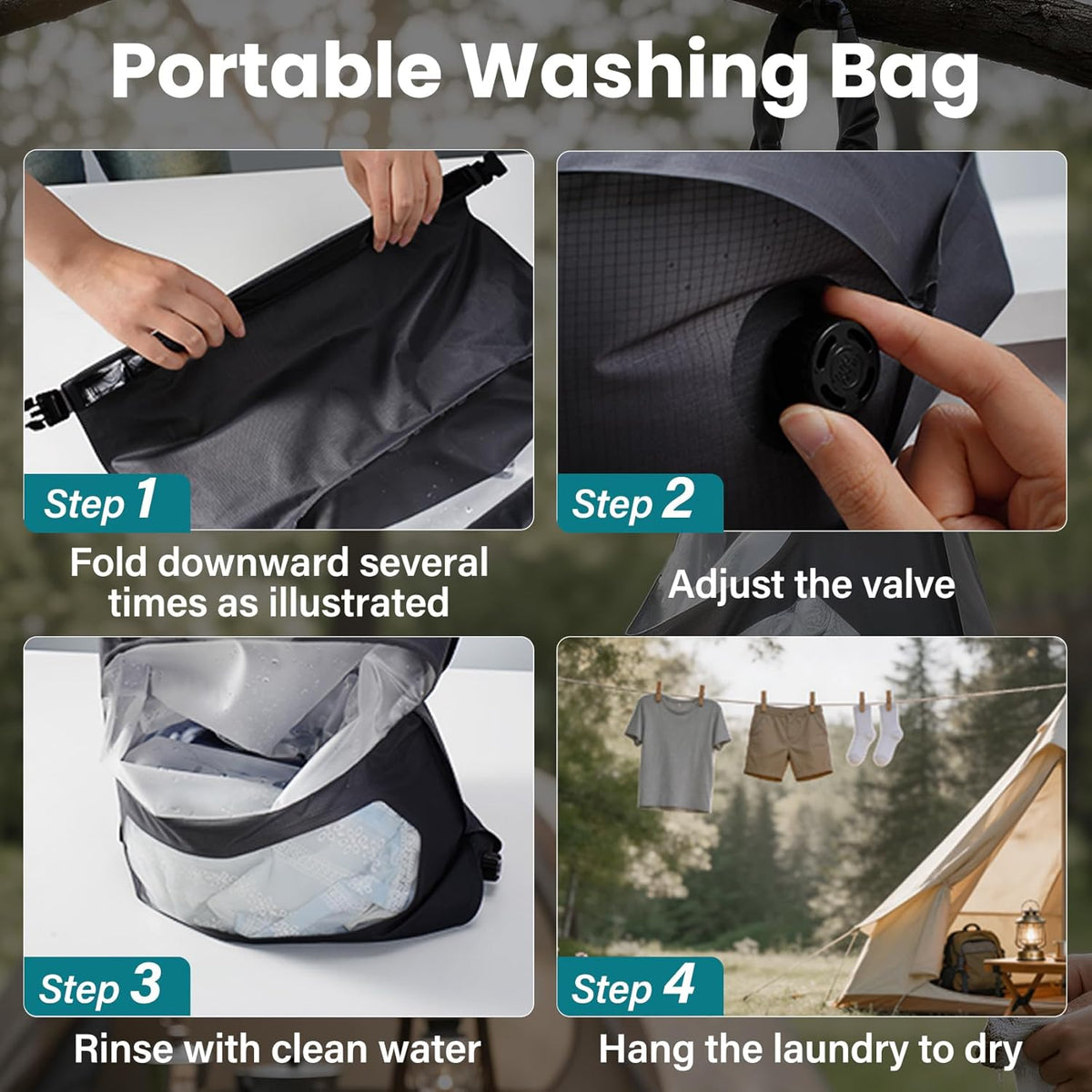 Portable Travel Washing Bag with 2-in-1 Air Valve Design | Travel Laundry Washing Bag, Saves Water and Space for Camping, Cruise, Van Life, Lightweight Travel Laundry Solution