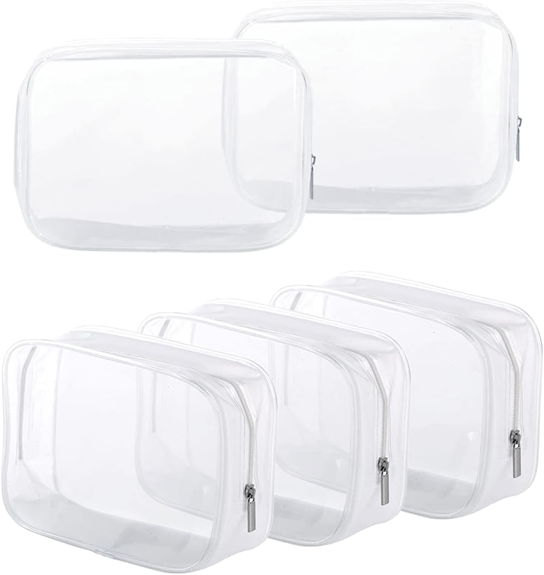 5 Pack Clear Plastic Zippered Toiletry Carry Pouch White Small/Large | TSA Approved, Portable Cosmetic Makeup Bag, For Vacation, Bathroom and Organizing