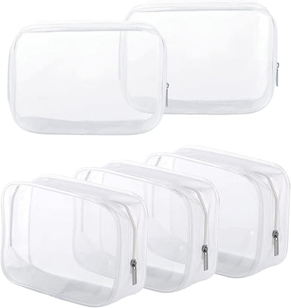 5 Pack Clear Plastic Zippered Toiletry Carry Pouch White Small/Large | TSA Approved, Portable Cosmetic Makeup Bag, For Vacation, Bathroom and Organizing