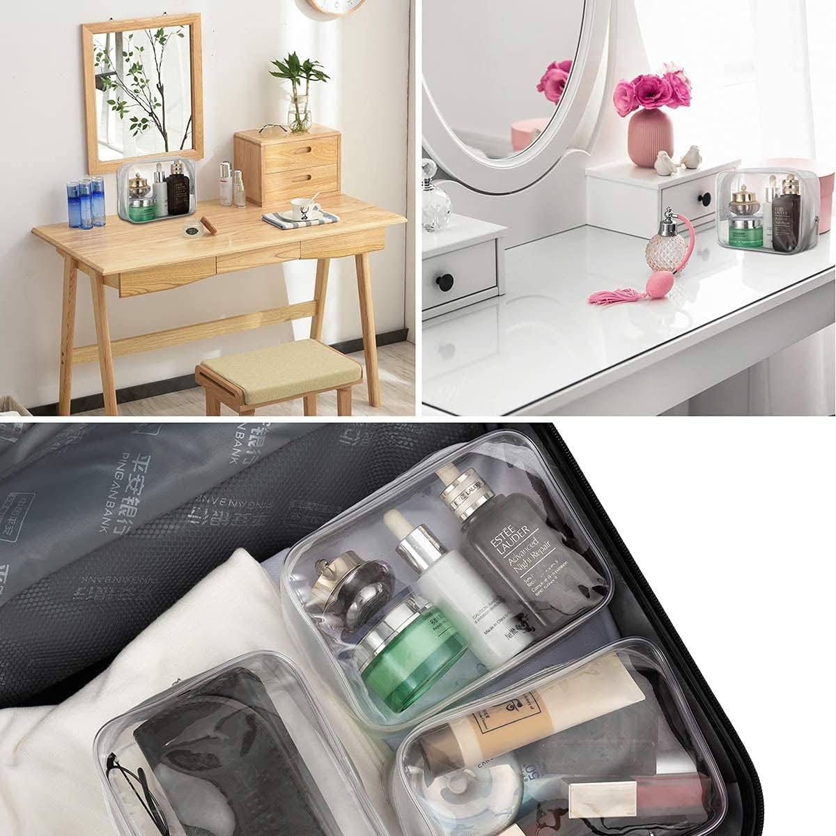 5 Pack Clear Plastic Zippered Toiletry Carry Pouch White Small/Large | TSA Approved, Portable Cosmetic Makeup Bag, For Vacation, Bathroom and Organizing