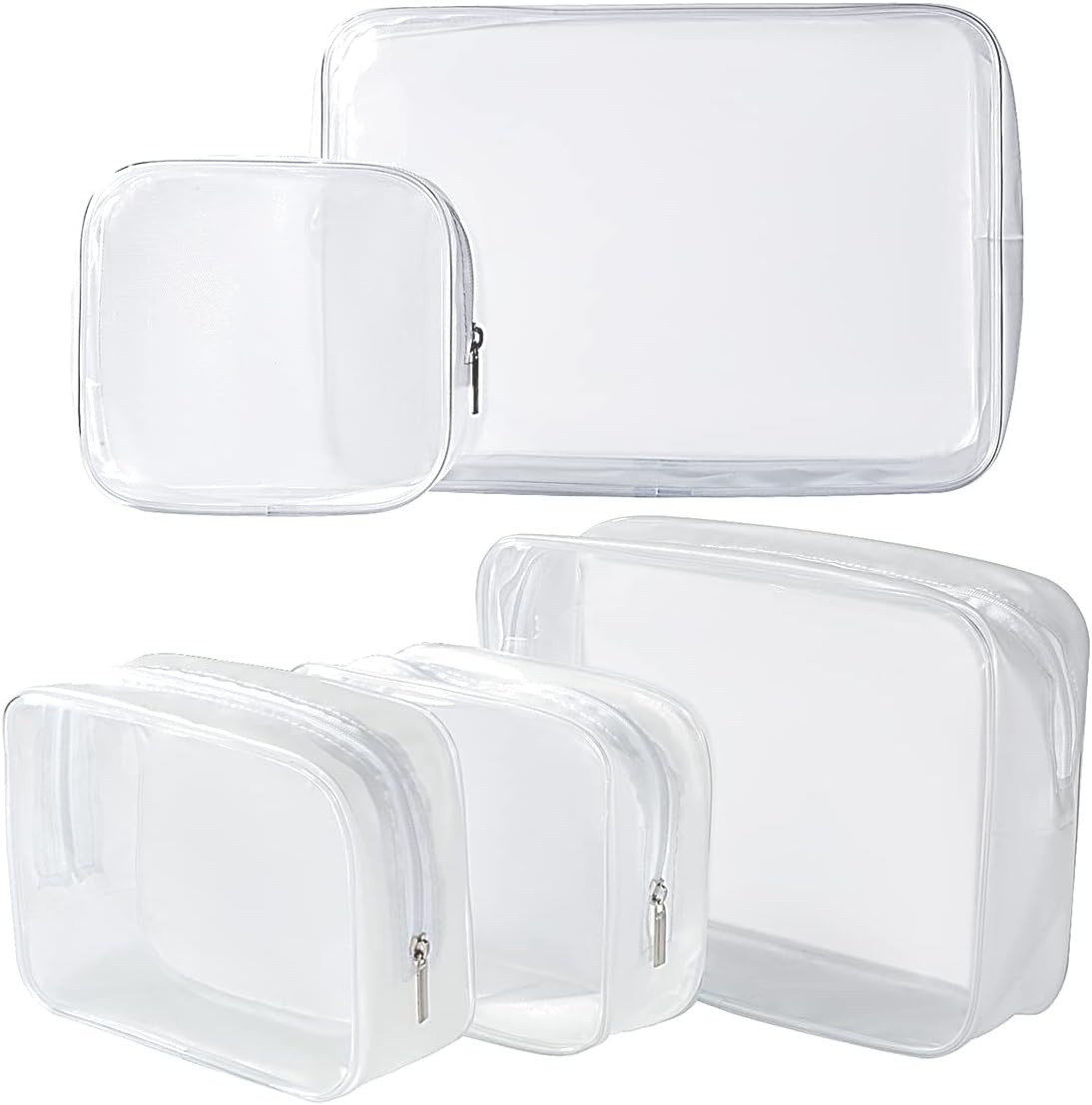 5 Pack Clear Plastic Zippered Toiletry Carry Pouch White Small/Large | TSA Approved, Portable Cosmetic Makeup Bag, For Vacation, Bathroom and Organizing