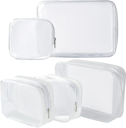 5 Pack Clear Plastic Zippered Toiletry Carry Pouch White Small/Large | TSA Approved, Portable Cosmetic Makeup Bag, For Vacation, Bathroom and Organizing