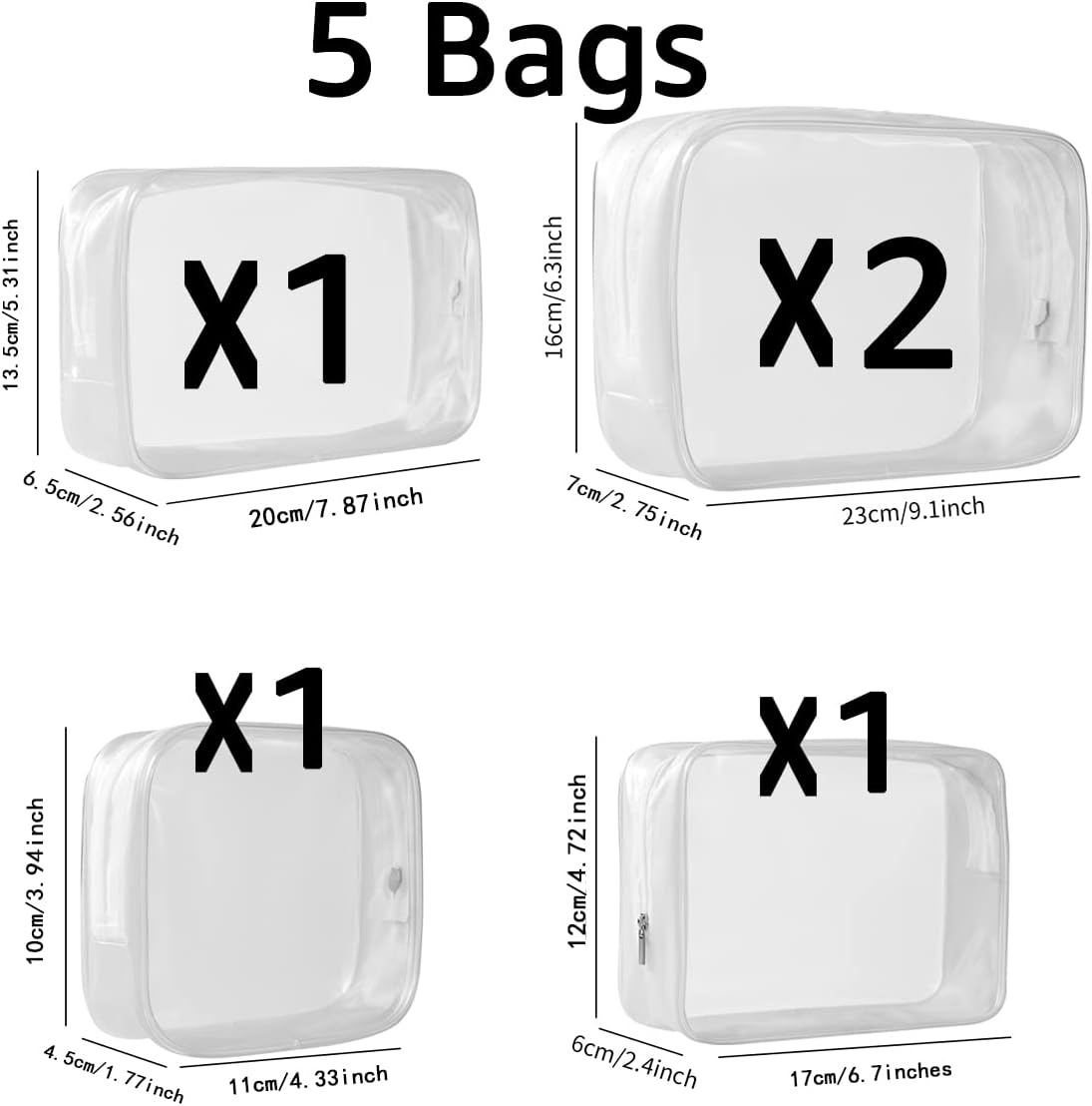 5 Pack Clear Plastic Zippered Toiletry Carry Pouch White Small/Large | TSA Approved, Portable Cosmetic Makeup Bag, For Vacation, Bathroom and Organizing