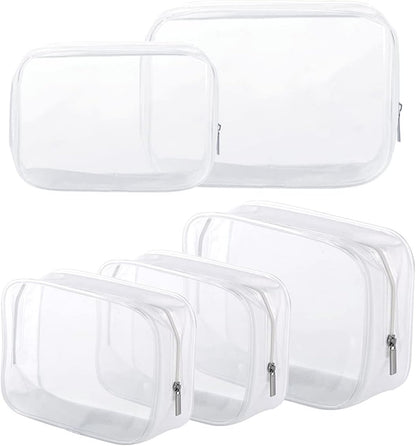 5 Pack Clear Plastic Zippered Toiletry Carry Pouch White Small/Large | TSA Approved, Portable Cosmetic Makeup Bag, For Vacation, Bathroom and Organizing