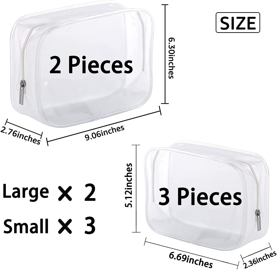 5 Pack Clear Plastic Zippered Toiletry Carry Pouch White Small/Large | TSA Approved, Portable Cosmetic Makeup Bag, For Vacation, Bathroom and Organizing