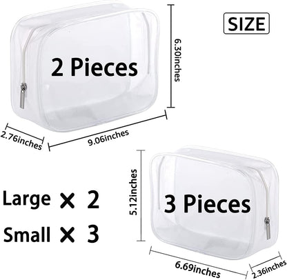 5 Pack Clear Plastic Zippered Toiletry Carry Pouch White Small/Large | TSA Approved, Portable Cosmetic Makeup Bag, For Vacation, Bathroom and Organizing
