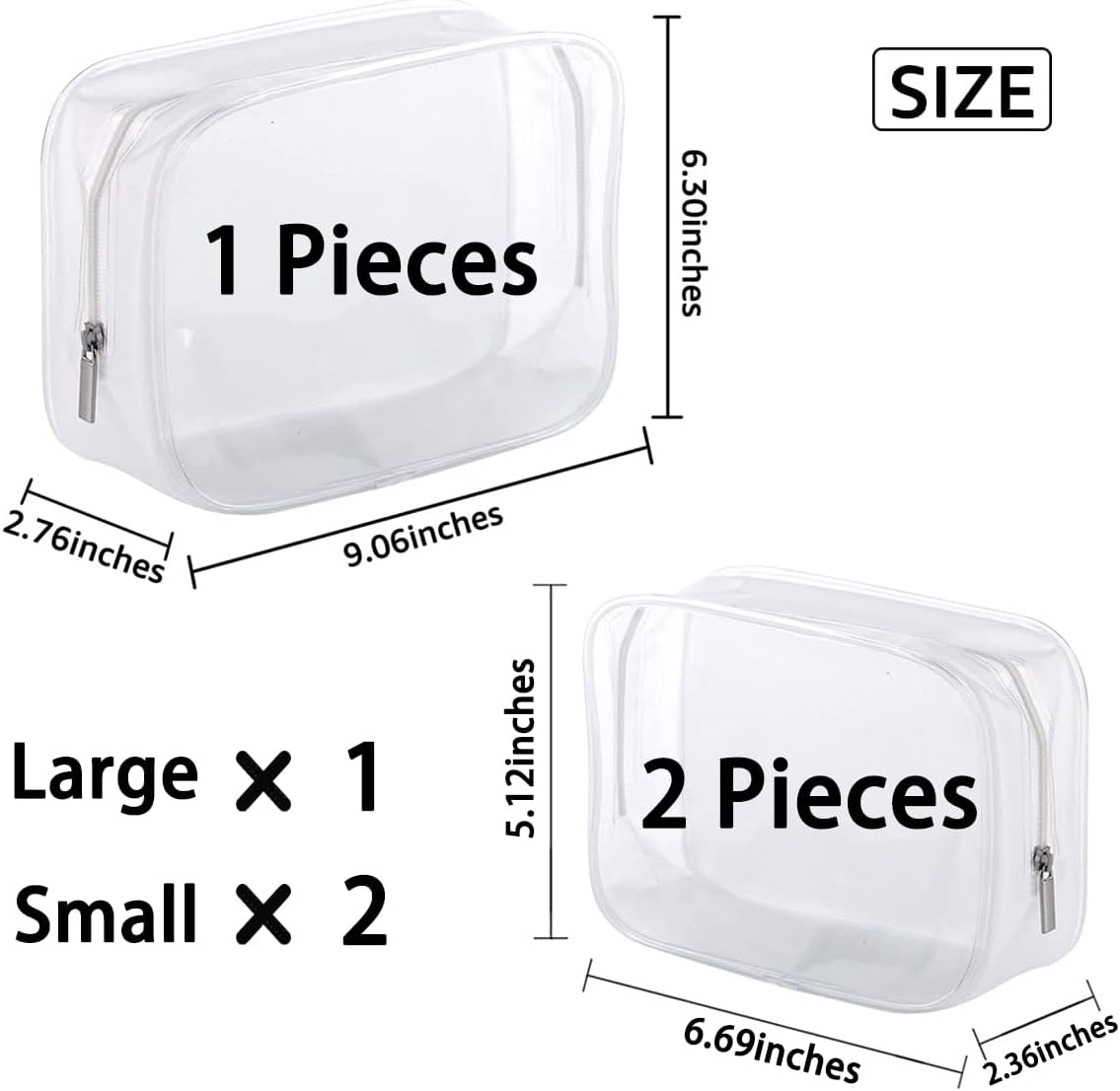 5 Pack Clear Plastic Zippered Toiletry Carry Pouch White Small/Large | TSA Approved, Portable Cosmetic Makeup Bag, For Vacation, Bathroom and Organizing