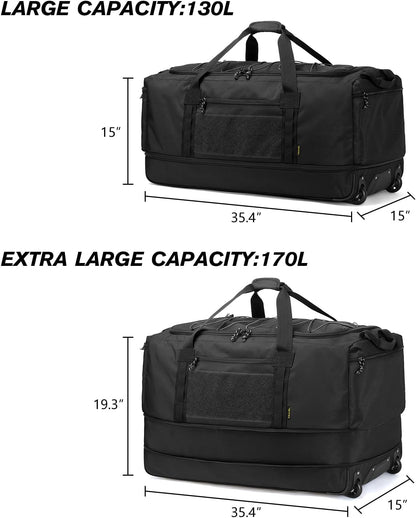 Collapsible Duffle Bag with Wheels 130-170L Extra Large Expandable Travel Duffel Bag for Men Women Heavy Duty Military Duffle Bag for Camping Rolling Foldable Carry On Luggage, Brown