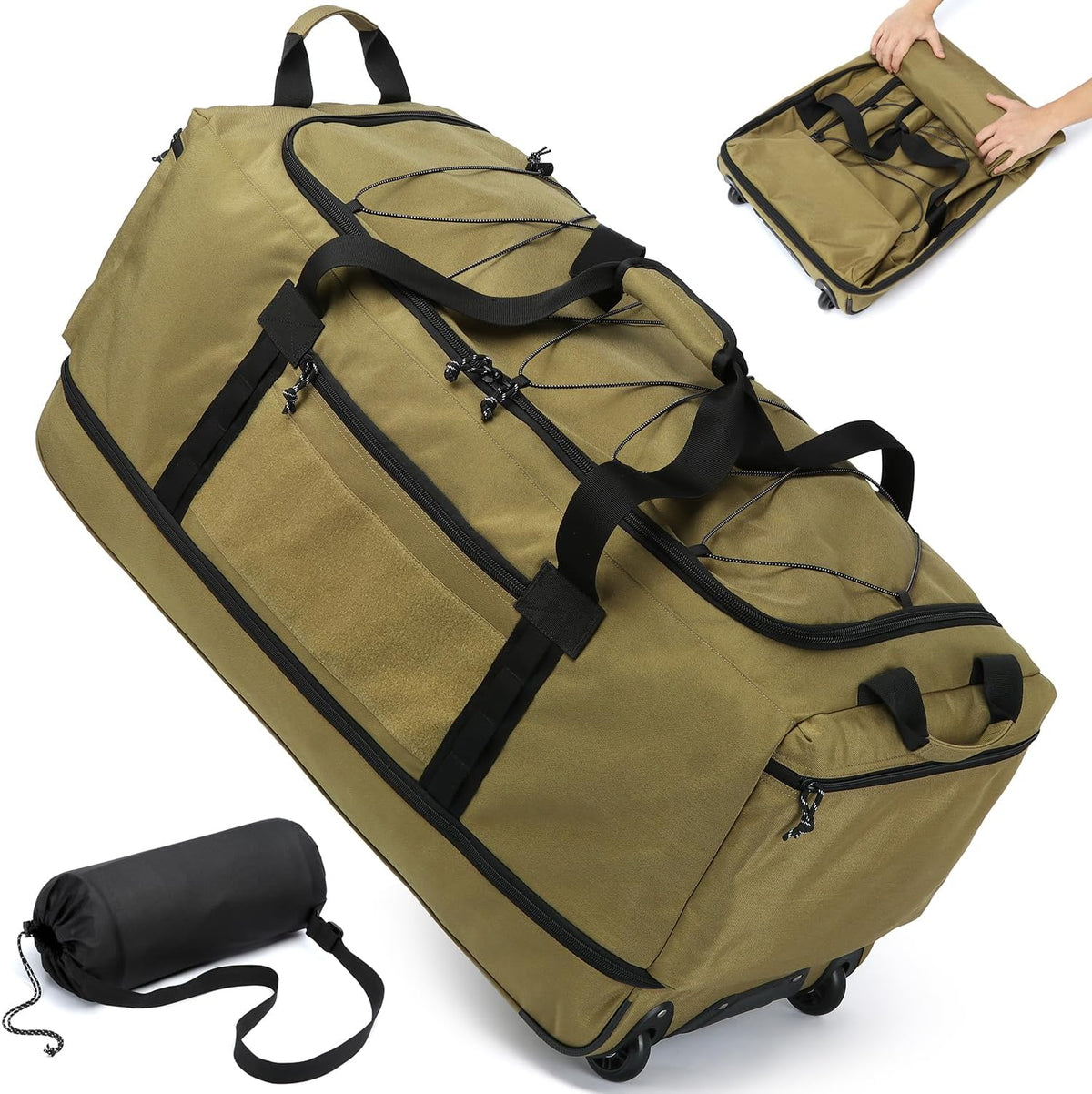 Collapsible Duffle Bag with Wheels 130-170L Extra Large Expandable Travel Duffel Bag for Men Women Heavy Duty Military Duffle Bag for Camping Rolling Foldable Carry On Luggage, Brown
