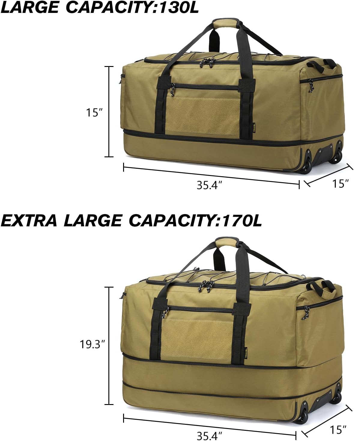 Collapsible Duffle Bag with Wheels 130-170L Extra Large Expandable Travel Duffel Bag for Men Women Heavy Duty Military Duffle Bag for Camping Rolling Foldable Carry On Luggage, Brown