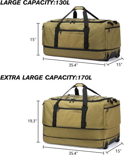 Collapsible Duffle Bag with Wheels 130-170L Extra Large Expandable Travel Duffel Bag for Men Women Heavy Duty Military Duffle Bag for Camping Rolling Foldable Carry On Luggage, Brown