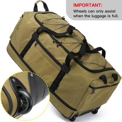 Collapsible Duffle Bag with Wheels 130-170L Extra Large Expandable Travel Duffel Bag for Men Women Heavy Duty Military Duffle Bag for Camping Rolling Foldable Carry On Luggage, Brown