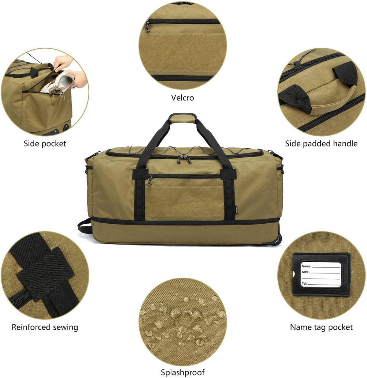 Collapsible Duffle Bag with Wheels 130-170L Extra Large Expandable Travel Duffel Bag for Men Women Heavy Duty Military Duffle Bag for Camping Rolling Foldable Carry On Luggage, Brown