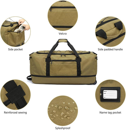Collapsible Duffle Bag with Wheels 130-170L Extra Large Expandable Travel Duffel Bag for Men Women Heavy Duty Military Duffle Bag for Camping Rolling Foldable Carry On Luggage, Brown