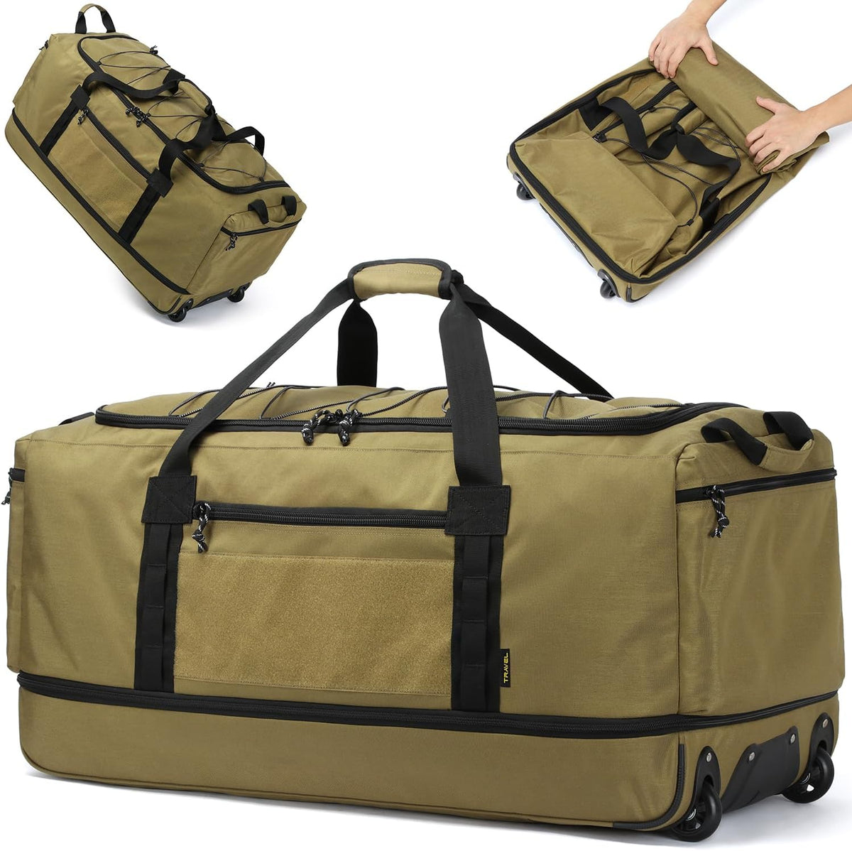 Collapsible Duffle Bag with Wheels 130-170L Extra Large Expandable Travel Duffel Bag for Men Women Heavy Duty Military Duffle Bag for Camping Rolling Foldable Carry On Luggage, Brown