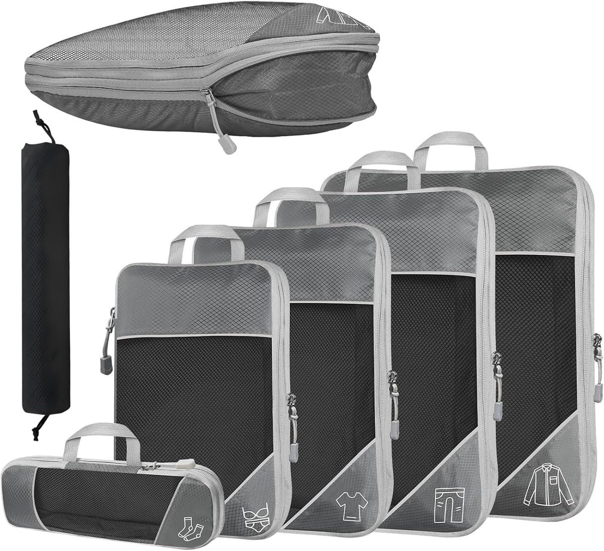 6Pcs Compression Packing Cubes Set, Waterproof Travel Luggage Organizer with Drawstring Bag, Lightweight Nylon Suitcase Storage Bags for Travel Camping Business Trip(Black)