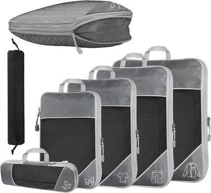 6Pcs Compression Packing Cubes Set, Waterproof Travel Luggage Organizer with Drawstring Bag, Lightweight Nylon Suitcase Storage Bags for Travel Camping Business Trip(Black)