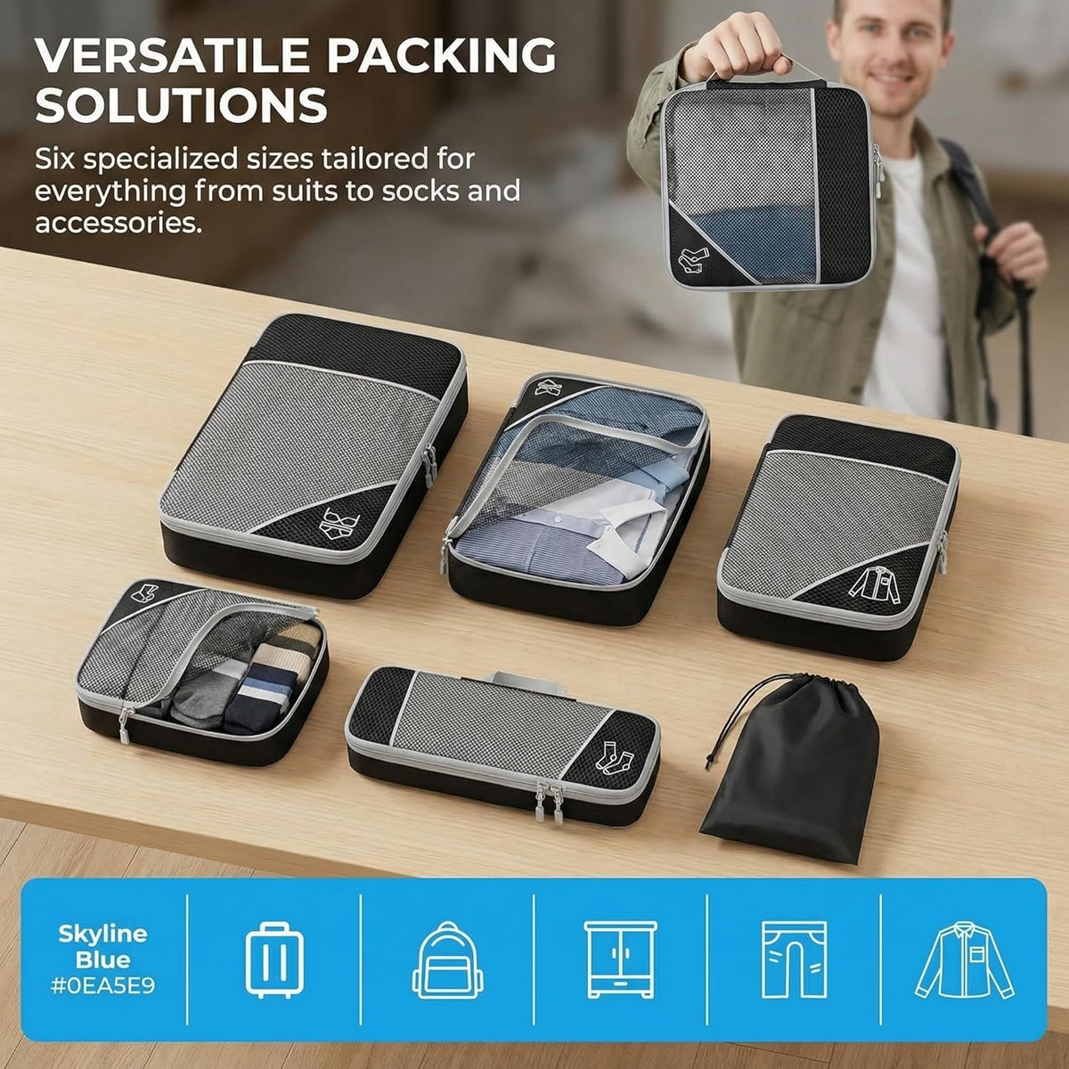 6Pcs Compression Packing Cubes Set, Waterproof Travel Luggage Organizer with Drawstring Bag, Lightweight Nylon Suitcase Storage Bags for Travel Camping Business Trip(Black)