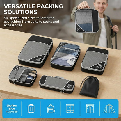 6Pcs Compression Packing Cubes Set, Waterproof Travel Luggage Organizer with Drawstring Bag, Lightweight Nylon Suitcase Storage Bags for Travel Camping Business Trip(Black)