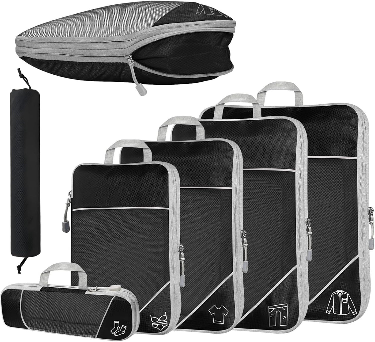 6Pcs Compression Packing Cubes Set, Waterproof Travel Luggage Organizer with Drawstring Bag, Lightweight Nylon Suitcase Storage Bags for Travel Camping Business Trip(Black)