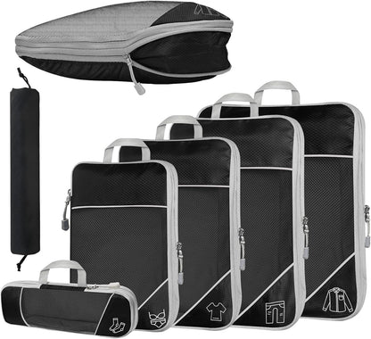 6Pcs Compression Packing Cubes Set, Waterproof Travel Luggage Organizer with Drawstring Bag, Lightweight Nylon Suitcase Storage Bags for Travel Camping Business Trip(Black)