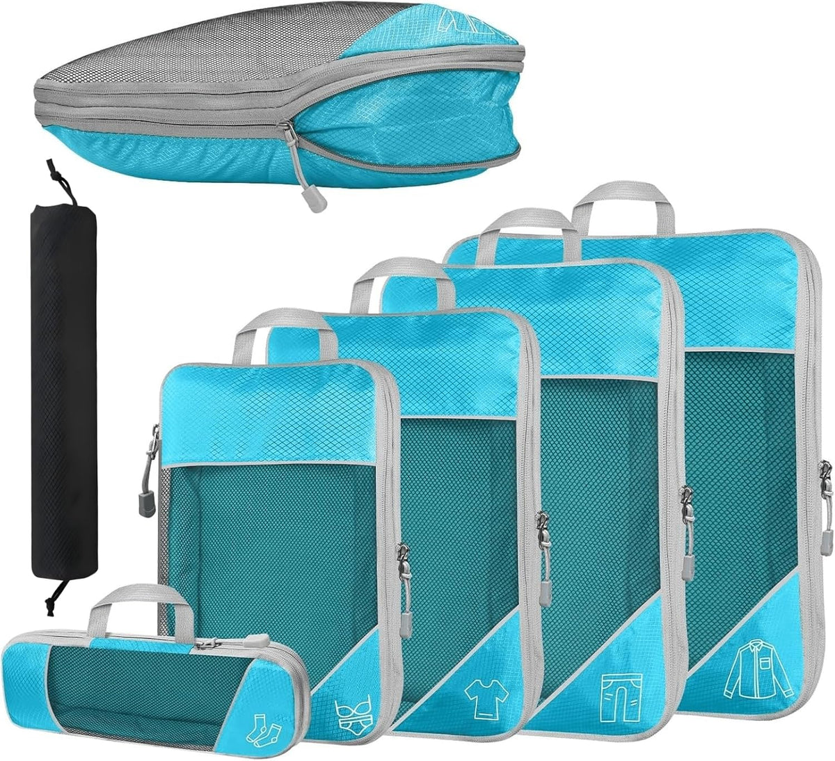6Pcs Compression Packing Cubes Set, Waterproof Travel Luggage Organizer with Drawstring Bag, Lightweight Nylon Suitcase Storage Bags for Travel Camping Business Trip(Black)