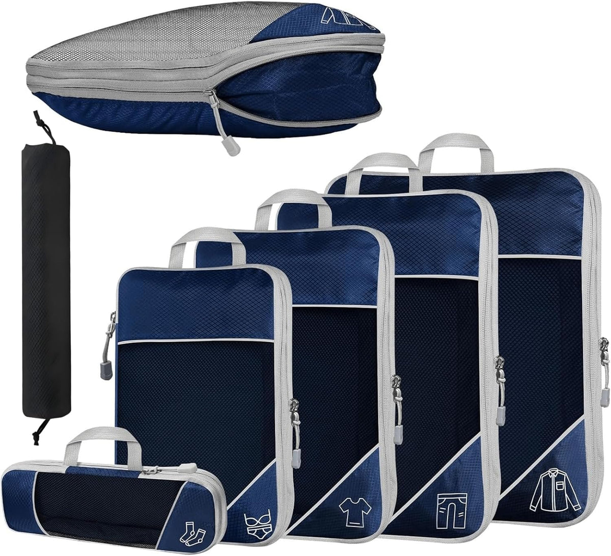 6Pcs Compression Packing Cubes Set, Waterproof Travel Luggage Organizer with Drawstring Bag, Lightweight Nylon Suitcase Storage Bags for Travel Camping Business Trip(Black)