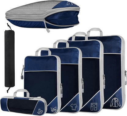 6Pcs Compression Packing Cubes Set, Waterproof Travel Luggage Organizer with Drawstring Bag, Lightweight Nylon Suitcase Storage Bags for Travel Camping Business Trip(Black)