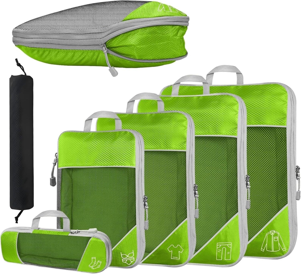 6Pcs Compression Packing Cubes Set, Waterproof Travel Luggage Organizer with Drawstring Bag, Lightweight Nylon Suitcase Storage Bags for Travel Camping Business Trip(Black)
