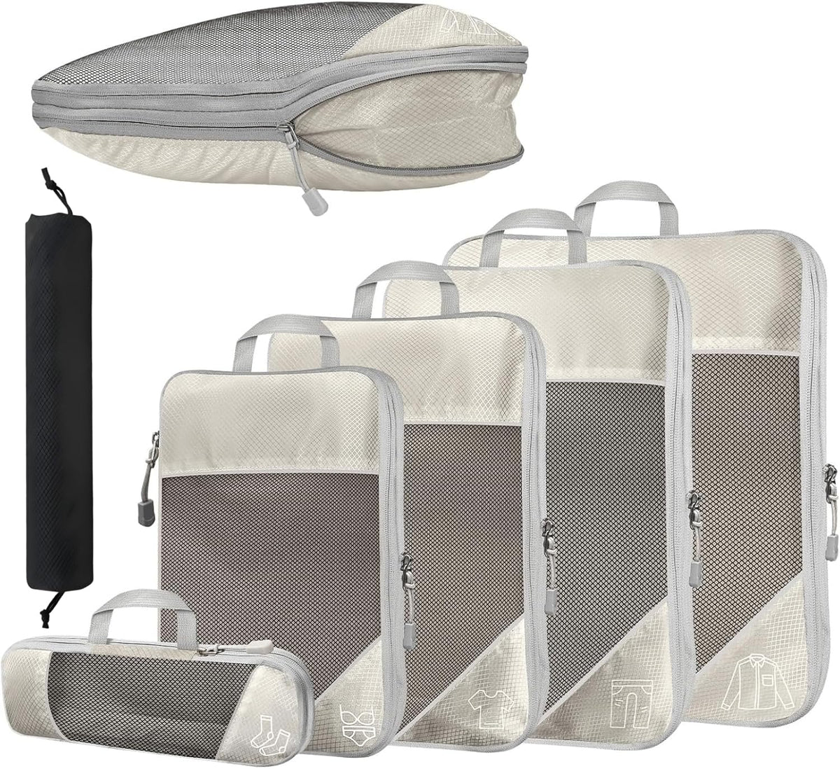 6Pcs Compression Packing Cubes Set, Waterproof Travel Luggage Organizer with Drawstring Bag, Lightweight Nylon Suitcase Storage Bags for Travel Camping Business Trip(Black)