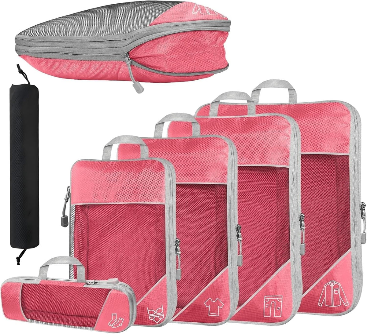 6Pcs Compression Packing Cubes Set, Waterproof Travel Luggage Organizer with Drawstring Bag, Lightweight Nylon Suitcase Storage Bags for Travel Camping Business Trip(Black)