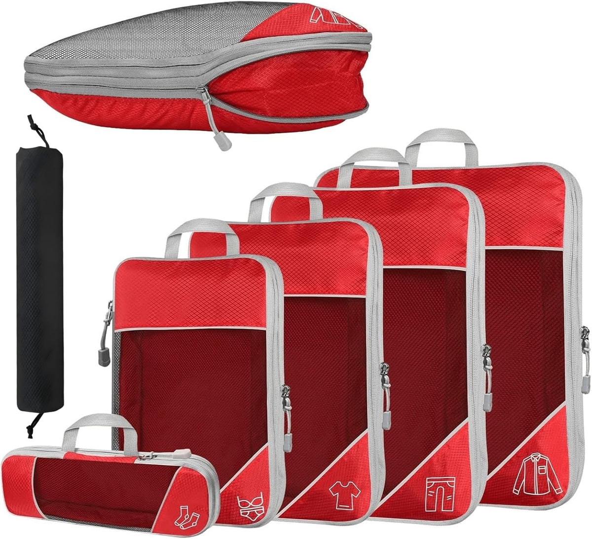 6Pcs Compression Packing Cubes Set, Waterproof Travel Luggage Organizer with Drawstring Bag, Lightweight Nylon Suitcase Storage Bags for Travel Camping Business Trip(Black)
