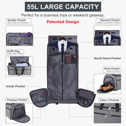 Garment Duffle Bags for Travel, Convertible Carry on Garment Duffel Bag for Men Women, Shoe Compartment, 2 in 1 Hanging Dress Suitcase Suit Travel Bags