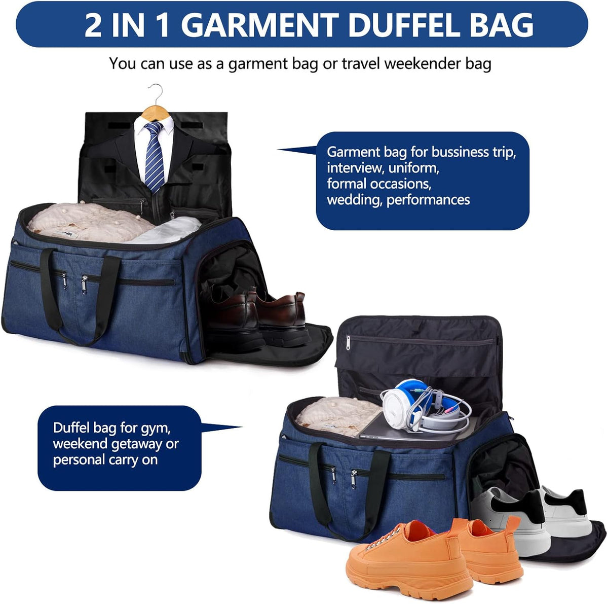 Garment Duffle Bags for Travel, Convertible Carry on Garment Duffel Bag for Men Women, Shoe Compartment, 2 in 1 Hanging Dress Suitcase Suit Travel Bags