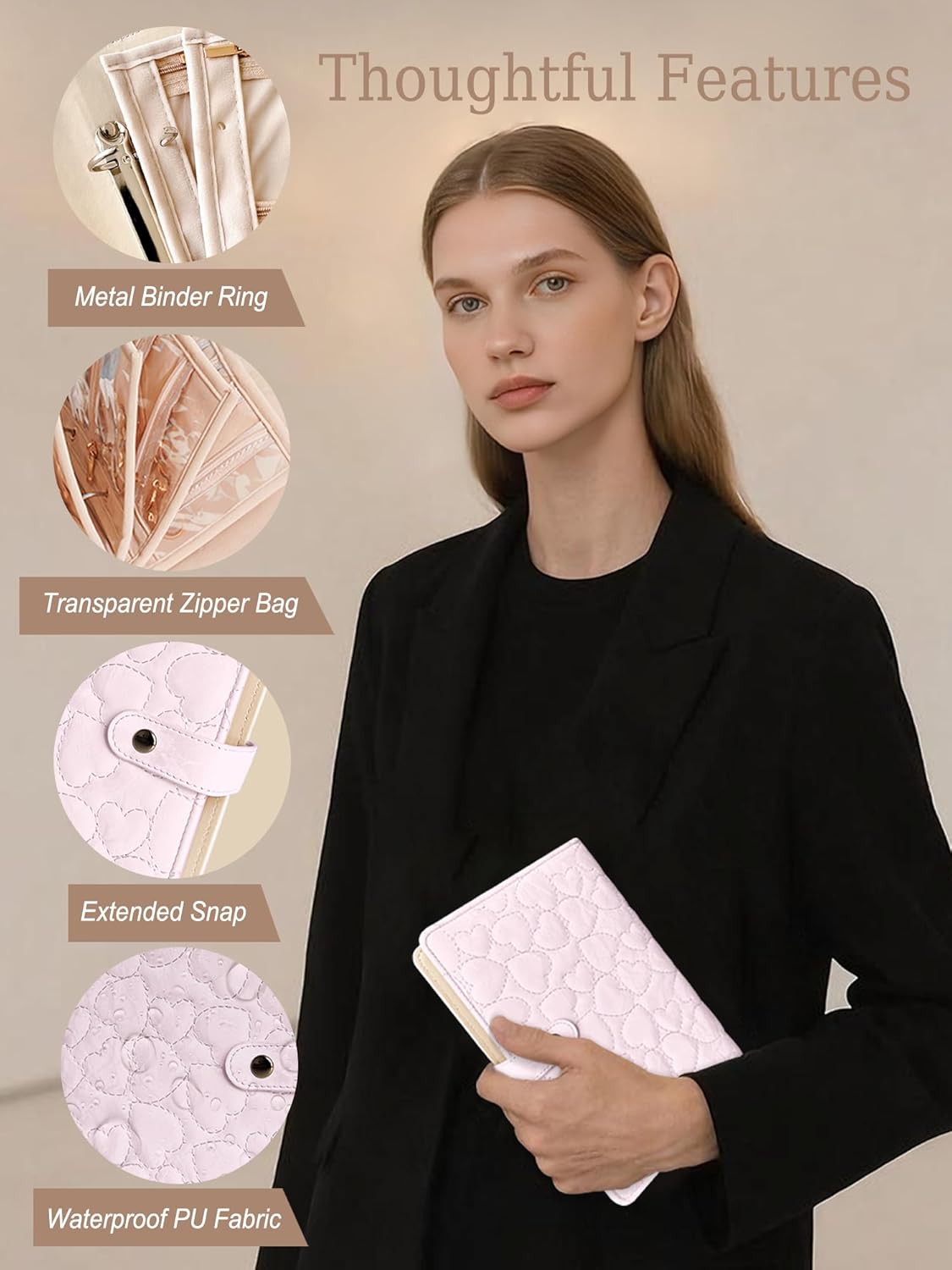 Travel Jewelry Organizer Case, Portable Jewelry Storage Roll Bag with Clear Zipper Velvet Pouch, Jewelry Holder Book Ring Binder for Bracelet, Necklace, Earring, Ring (Pink)