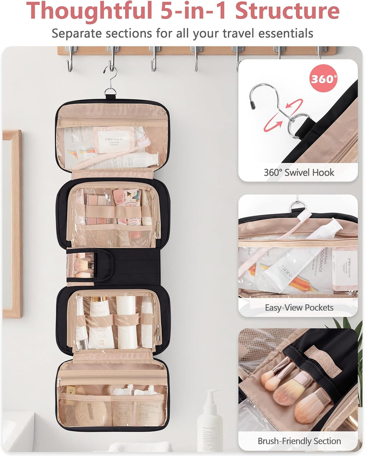 Travel Hanging Toiletry Bag for Women, Makeup Organizer with Hook | 360° swivel hook for easy access, 5-section organizer, brush slots & lightweight comfort