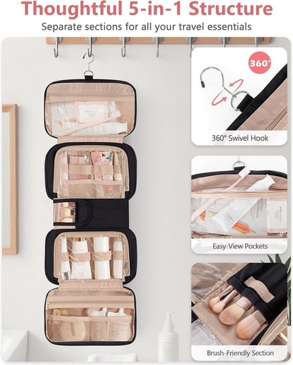 Travel Hanging Toiletry Bag for Women, Makeup Organizer with Hook | 360° swivel hook for easy access, 5-section organizer, brush slots & lightweight comfort