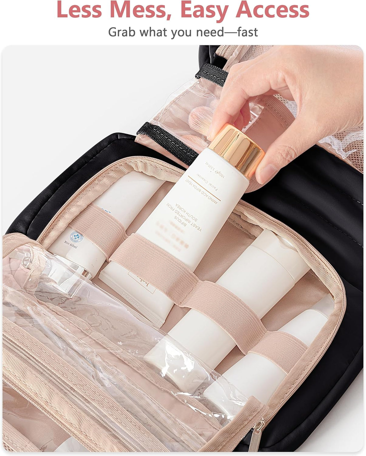 Travel Hanging Toiletry Bag for Women, Makeup Organizer with Hook | 360° swivel hook for easy access, 5-section organizer, brush slots & lightweight comfort